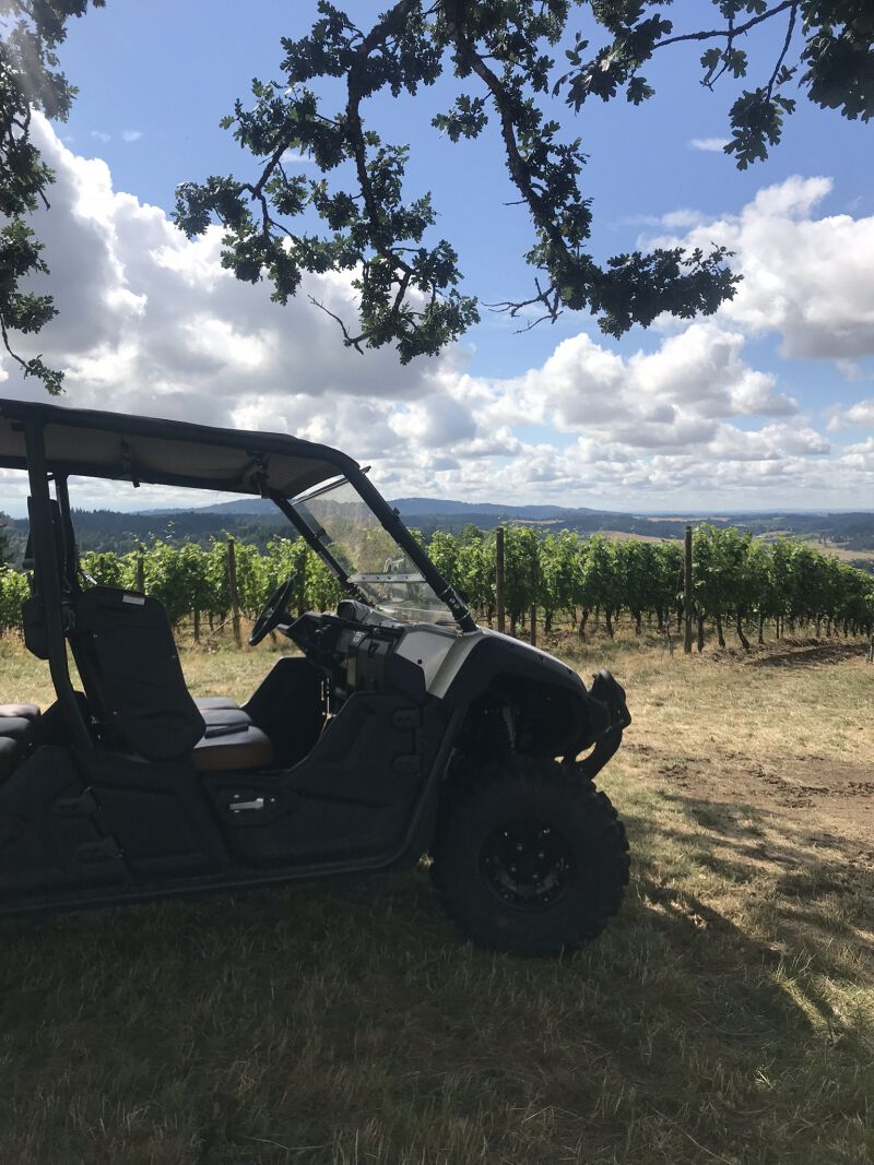 Four person ATV with the WillaKenzie vineyard in the background. Four person ATV with the WillaKenzie vineyard in the background.