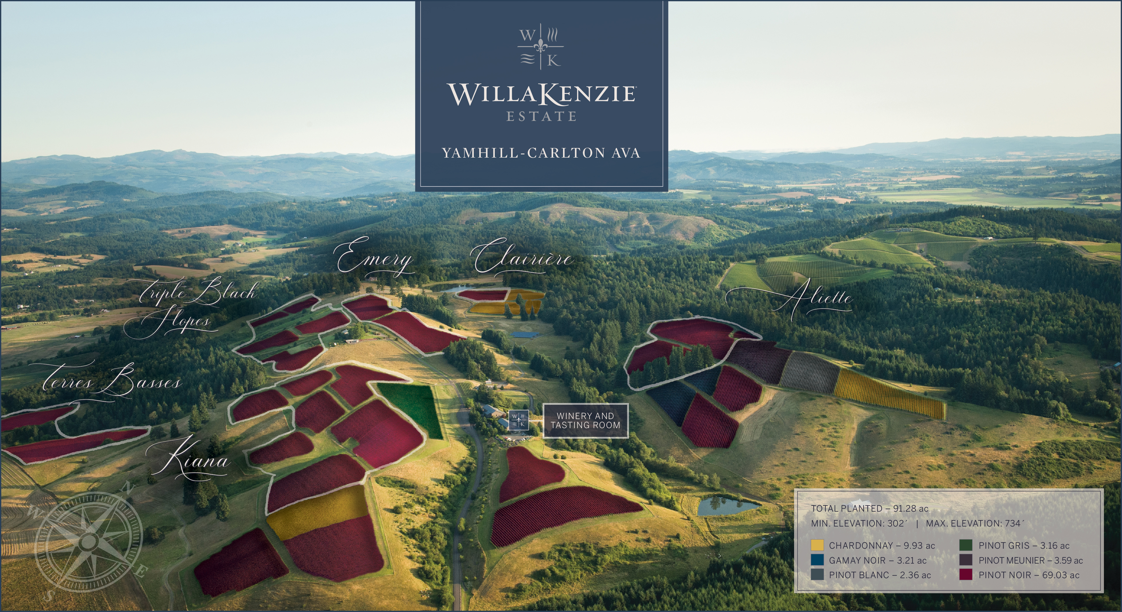 Map of the Willakenzie Estate with each varietal highlighted in a unique color.