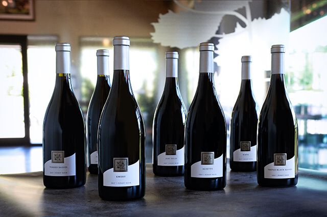 Seven bottles of WillaKenzie Estate Pinot Noir standing on a counter.